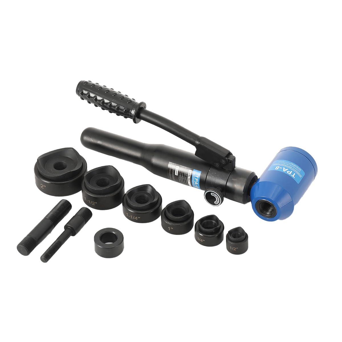Punzonatrice Idraulica 8T con 6 Matrici 22,5–61,5 mm, Kit di Punzonatura per Lamiera e Acciaio Inox fino a 3,5 mm, Testa Rotante 360°