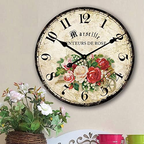 Eruner Romantic Roses Clock, 12" Rustic Floral Style Wall Clockmarseille Senteur De Rose Wooden Non-Ticking Bedroom Study Desk Home Art Decor(C-61) #TOP1