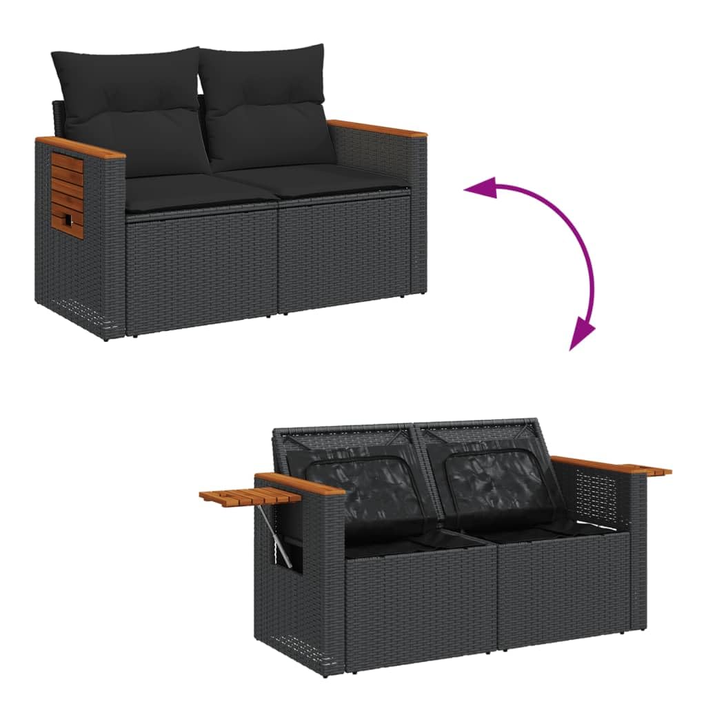 IKAYAA Divano da Giardino 2 Posti con Contenitore Divanetto da Esterno 2 Posti Salotto da Giardino in Polyrattan con Cuscini per Seduta e Schienale-Nero-con Contenitore