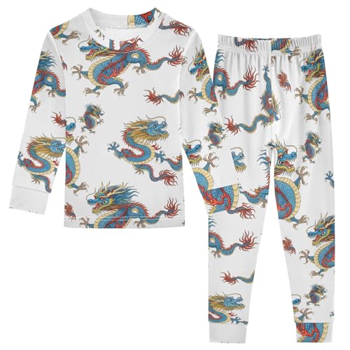 Pajama Sets Long Sleeve Chinese Dragons on White Soft Comfy Sleepwear 2 Piece PJS 3-8T
