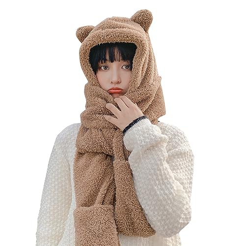 3 in 1 Womens Cute Winter Thick Warm Long Hooded Scarf with Mittens Soft Plush Hood Hat Scarf Animal Hat Scarf Mitten