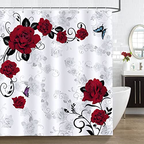 Bonhause Rideau de Douche Fleur de Rose Rouge Rideau de Bain Tissu Polyester Anti Moisissure Imperméable Lavable Rideau Salle de Bain 180 x 180 cm avec 12 Crochets pour Baignoire