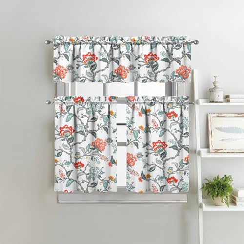 Image of Floral Kitchen Curtains 3 Piece Set Tier Valance Window Decor