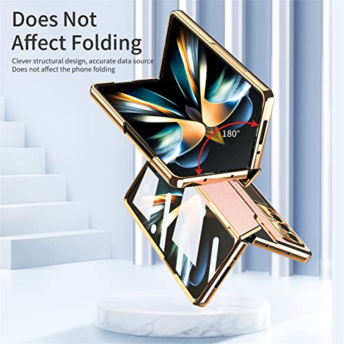 Galaxy Z Fold 3 Case, One-Piece Plating Housing Luxury Leather Cover With Kickstand And Screen Protector, Compatible With Samsung Galaxy Z Fold 3 5G 2021 (Pink) #TOP4