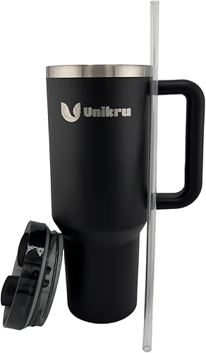 Unikru Vaso de 40 onzas con asa y pajilla, a prueba de fugas, vaso con pajita, materiales ecológicos, aislado, reutilizable (negro) versión H2