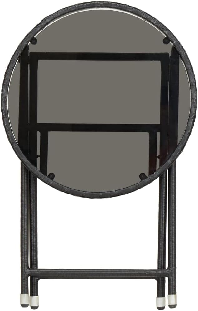 Foldable Round Tea Table, Small Black PE Rattan Side Table with Tempered Glass Top, Weather-Resistant Outdoor Coffee Table for Patio, Garden, and Living Room