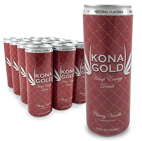 Kona Gold Cherry Vanilla Hemp Energy Drink 12.0 Fluid Ounces, 12 Pack, Zero Calories, Zero Sugar, Natural Flavors, Organic Hemp