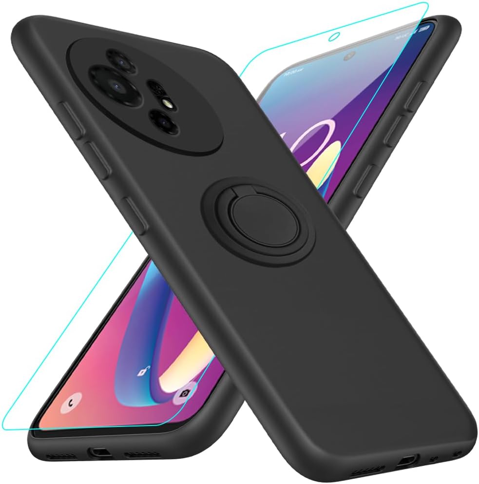 Compatible for TCL 50 XL 5G Phone Case with Glass Screen Protector, 360° Rotatable Ring Holder Kickstand/Stand Silicone TPU Silm Fit Shockproof Protective Cover Case for TCL 50 XL 5G - Black