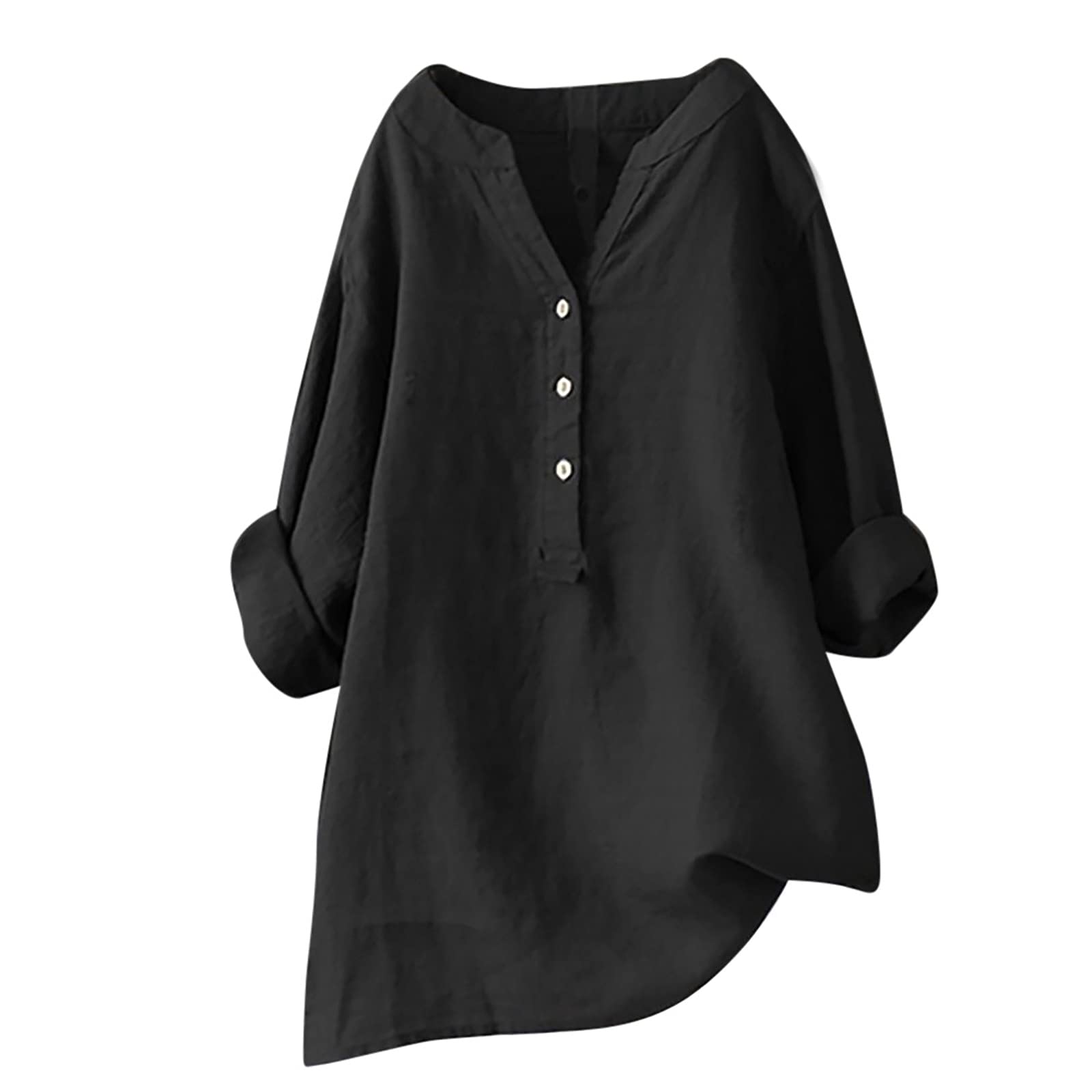 NUSGEAR Camisa Manga Corta Mujer Verano 2023 Moda Algodón y Lino Color sólido Camisa Blusa Cuello en V Botones Basica Camiseta Largo Elegant Suelto Oficina Tops Casual Cómodo T-Shirt Original tee