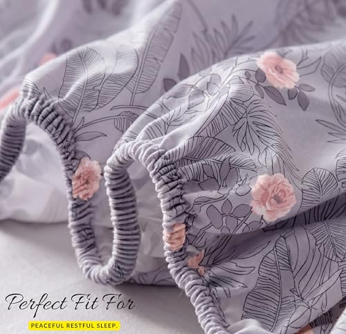 Image of HOMEKART Cotton Contrast Fitted Bedsheet for King Size Bed 72x72+10 Inch with 2 Pillow Covers 17x27 Inch | All Round Elastic | TC 144 Soft, Breathable Floral Printed Bedsheet (Lavender Mist)