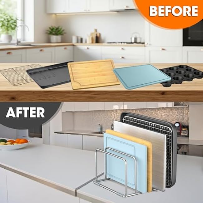 304 Stainless Steel Cutting Board Organizer Rack ¨C Rustproof Compact 4-Slot Holder for Thin Cutting Boards and Plates ¨C Premium Kitchen Storage Solution for Countertops and Cabinets
