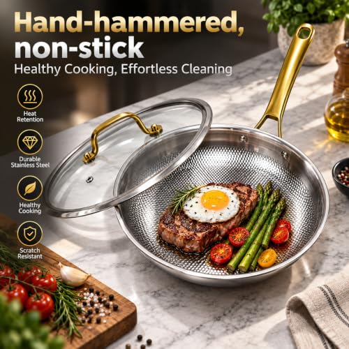 SYXUMLKLS Titanium Frying Pans for Cooking, No Coating Good for Health,Hammered Texture Design Nonstick, with Lid(12 Inch) - image 7