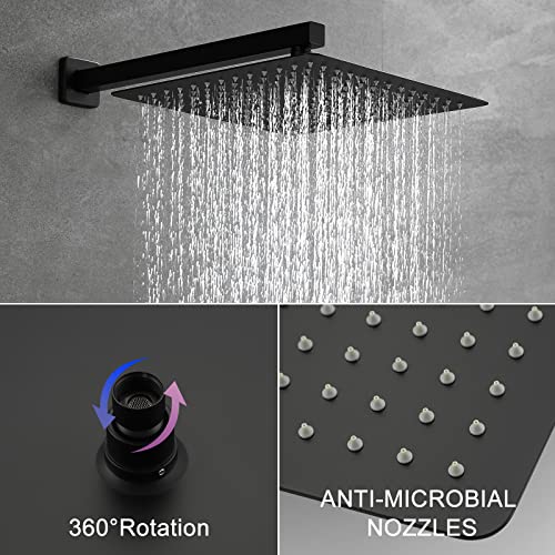 SHAMANDA Shower System with Waterfall Tub Spout and Handheld Shower Head, 12" Rain Shower Faucet Sets Complete with Shower Round-in Valve and Trim, Wall Mounted, Matte Black, L1001-7