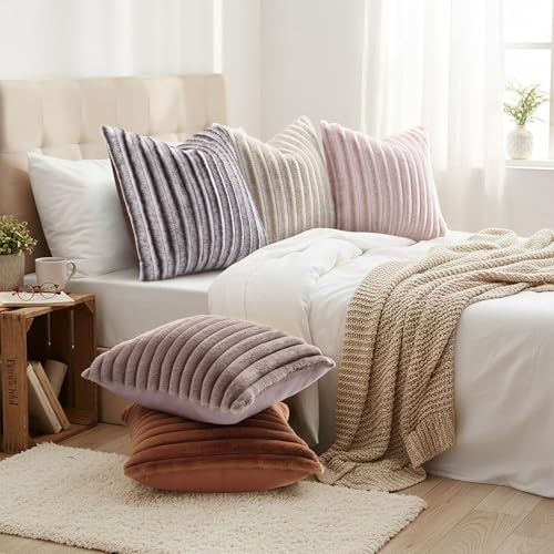 Image of decorUhome Fall Cozy Faux Fur Throw Pillow Covers 18x18 Set of 2 Decorative Soft Plush Striped Modern Farmhouse Boho Couch Pillow Cases with Velvet Back for Sofa Bed Living Room, Beige White
