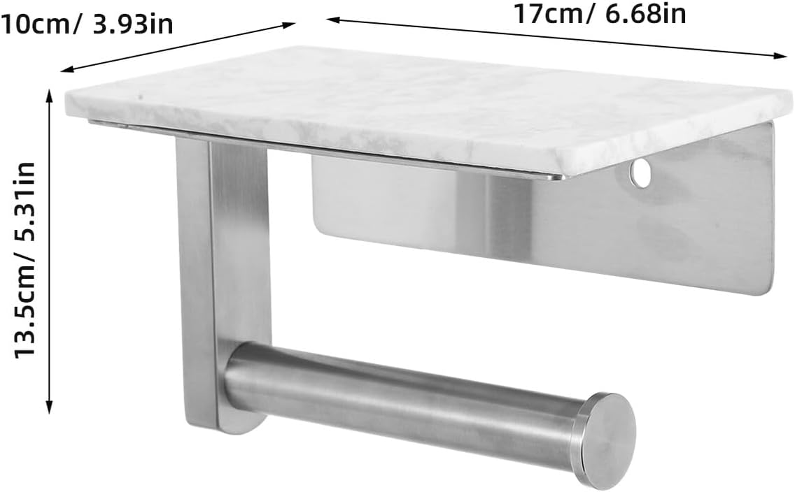 Toilet Paper Holder Wall Mount with White Marble Shelf, Brushed Small Size Tissue Rack for Bathroom Toilet Roll Storage, Screw Mounted Bathroom Paper Towel Organizer