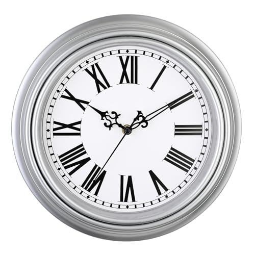 Plumeet Reloj de Pared Retro, Reloj con Números Romanos Silencioso Clásico sin Tic-TAC de 30cm, Adecuado para Decorar Sala, Dormitorio, Alimentado por Batería, Plata