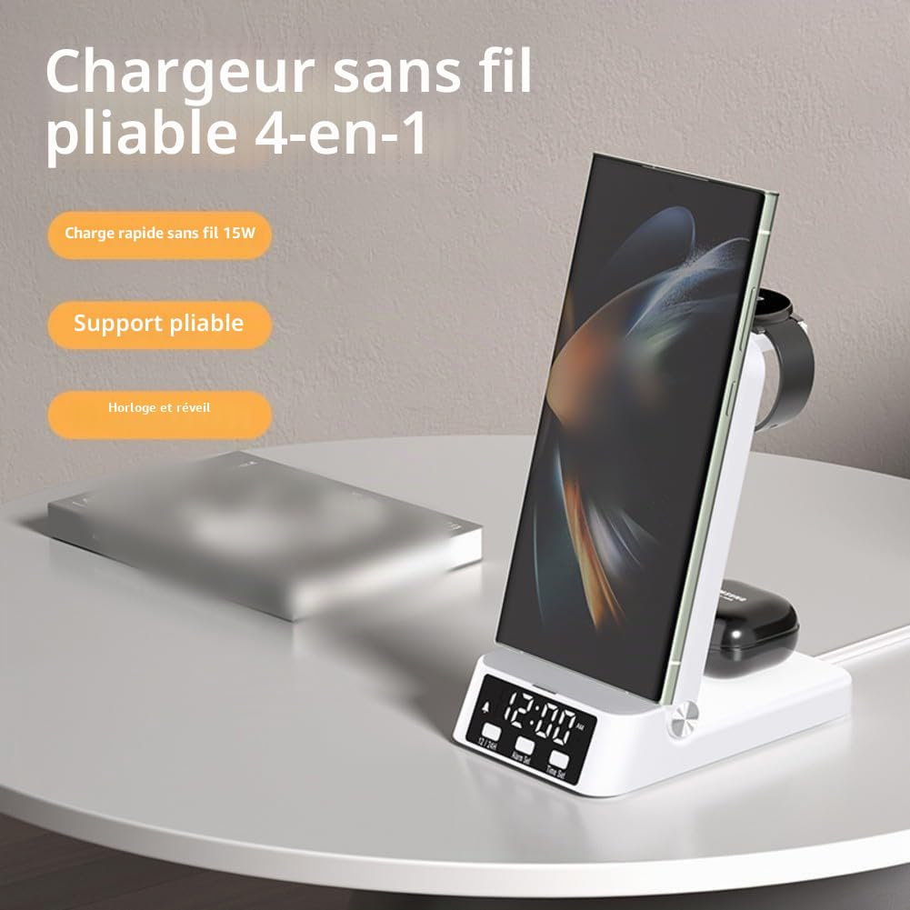 Chargeur sans fil pour Samsung, station de charge sans fil 3 en 1 pour téléphones Samsung, écouteurs et montres avec horloge, pour support de chargeur de téléphone portable Samsung (noir)