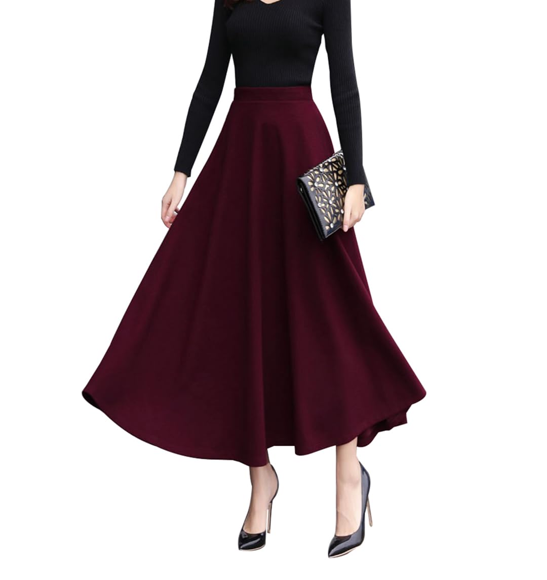 LWZDREAM Women’s Fall Winter Plaid Maxi Skirt Elegant Wool High Waist A-line Pleated Swing Long Skirts(S,Wine Red)