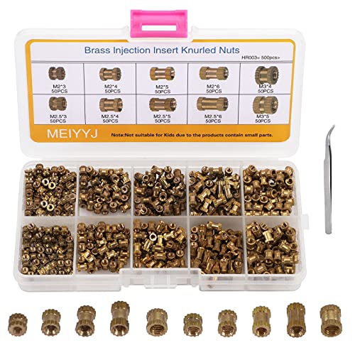 MEIYYJ 500Pcs M2 M2.5 M3 Metric Female Thread Knurled Brass Threaded Insert Embedded Nuts Assortment Kit,Double Pass Knurl Nuts Copper Embedded Fastener for Furniture Electrical and More Projects