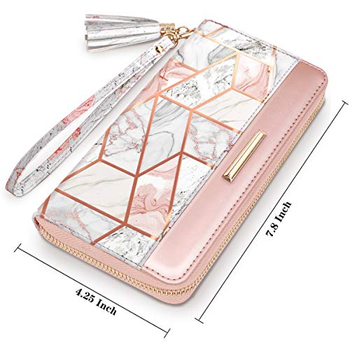 Carteiras femininas de couro PU organizador de cartões com borla alça de pulso, Mármore dourado, lon