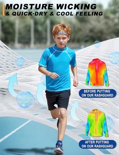 Image of Boys Rash Guard Short Sleeve UPF50+ Sun Protection Water Beach Swim Shirt | Kids Youth Surfing Pool Neon Swimwear Top Quick Dry Tagless Ultra Soft Stretchy Lightweight Moisture Wicking Cool Feel Tee