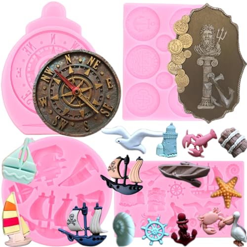 RFGHAC Voilier Moules En Silicone Boussole Ancre Gouvernail Bouée De Sauvetage Phare Fondant Moules Pièces De Trésor Moule À Chocolat Pour Cupcake Gâteau...