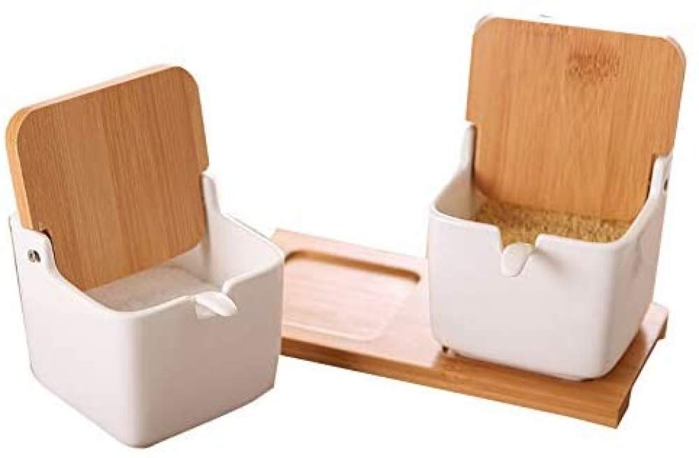 Zuccheriera con Coperchi e Cucchiai, Zuccheriera in Ceramica con Base in Legno, Portaspezie da Cucina-2-piece suit