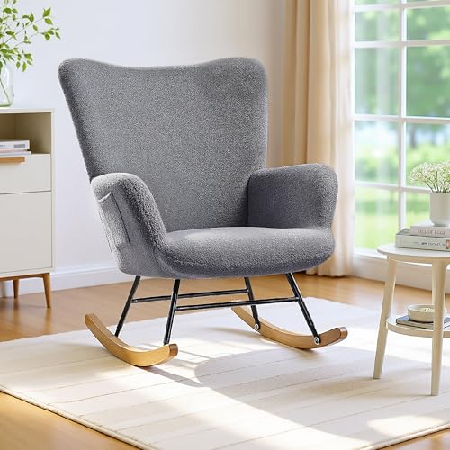 VECELO Fauteuil à Bascule, Rocking Chair, Allaitement en Tissu Bouclé, Chaise à Bascule, Structure en Acier, Pieds en Bois Massif pour Nursery, Chambre...