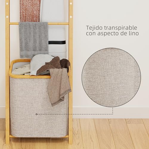 HOMCOM Estantería para Baño de Bambú, 2 en 1, Toallero de Pie con 3 Barras, Cesto para Ropa Sucia Extraíble de 48 L, para Dormitorio, Lavadero, Crema - imagen 7