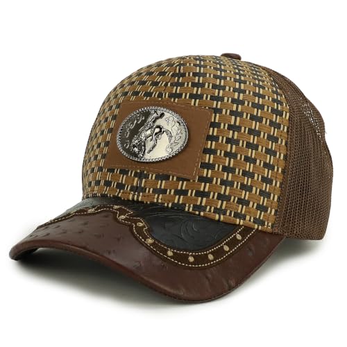 Image of Straw Design Metallic Rodeo Cowboy Horse Metal Logo Trucker Mesh Baseball Cap