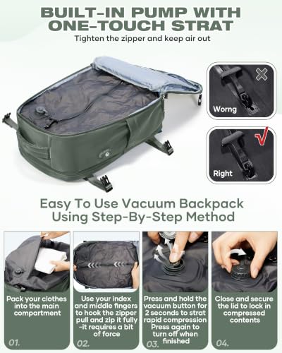 Image of suradar Vacuum Backpack Travel with Pump,Travel Backpack with One Button Vacuum System Vacpack Sealed Compression Airbag Women Carry on Flight Approved Laptop Backpack Space Saver Bags Dark Green