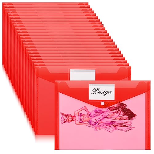 Lincia Plastic Envelopes A4 Size Poly Envelopes File Folders Work Document Holder Office Paper Plastic File Organizer with Label Pocket Snap Button Home Bag for School(Clear Red,24 Pcs)