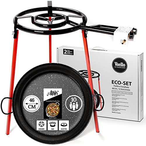 Alises - Ensemble de cuisson pour paella (Eco-Set) avec poêle à paella en acier émaillé (46 cm) - Double brûleur à gaz (40 cm) et trépied
