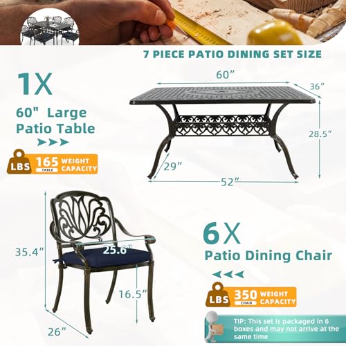 Image of MEETWARM 7-Piece Outdoor Patio Dining Set, 6 Outdoor Dining Cushioned Chairs and 1 Rectangle Table with 2 inch Umbrella Hole, All Weather Cast Aluminum Patio Funiture Set for Backyard, Navy Blue