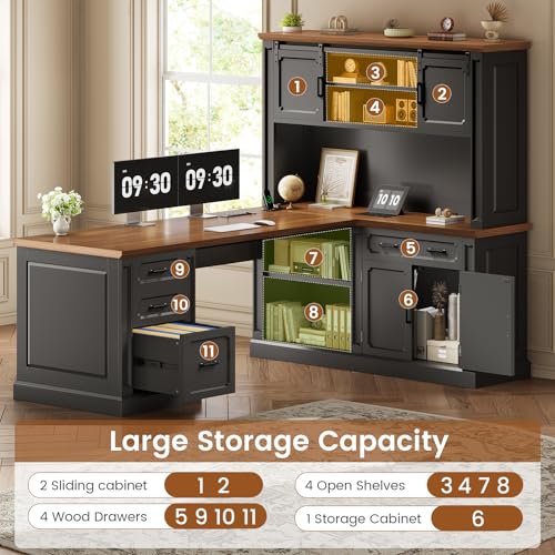 Image of SEDETA 67 inch Farmhouse Executive L Shaped Desk with Hutch & Storage