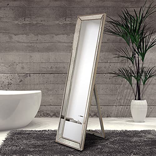 Empire Art Direct Antique Cheval Solid Wood Frame, 1"-Beveled Center Floor & Full Length Mirror For Bathroom, Bedroom, Living Room, Ready To Stand On The Floor, 18" X 64", Champagne #TOP5