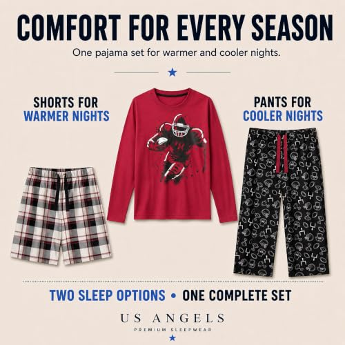 Image of US Angels Boys Pajamas Set | 3-Piece Pant, Shirt, Shorts Sleepwear Pjs for Kids | Loose Fit, Soft, Breathable Blue Plaid