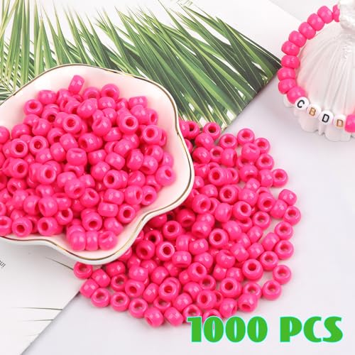 Image of 1000Pcs Pony Beads Bracelet 9mm Rose Plastic Barrel Pony Beads for Necklace,Hair Beads for Braids,Key Chain,Jewelry Making (Hot Pink)