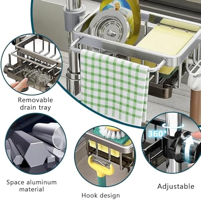 Sink Faucet Organizer Sponge Holder, Over Faucet Sink for 0.7-1.1 Round Water Pipe, Rustproof Caddy Rack, Adjustable Storage Shelf for Kitchen, Bathroom (Right Silver)