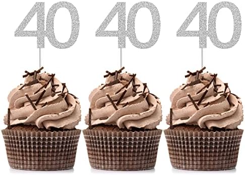 24 PCS 40th Cupcake Toppers - Anniversary or Birthday Cupcake Picks Party Decoration Supplies | Silver 40th
