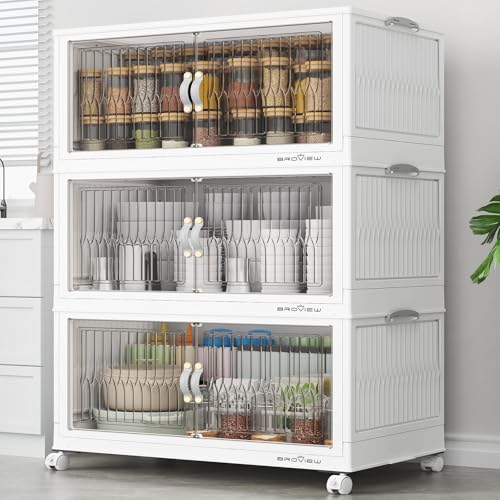 BROVIEW 360Qt Stackable Storage Bins with Lid, Extra Large Closet Organizer Collapsible Drawer Boxes with Wheels, Folding Plastic Cabinet Containers for Home Kitchen Room Organization, 3Pack White