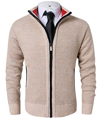 XinYangNi Men s Classic Soft Thick Knitted Cardigan Sweaters Long Sleeve Full Zip Cream-Coloured US XL Asia 3XL