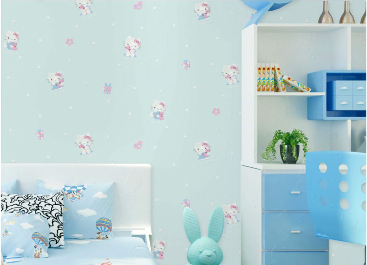 Papier peint non-tissé bleu pâle à motif chat de dessin animé pour chambre enfant