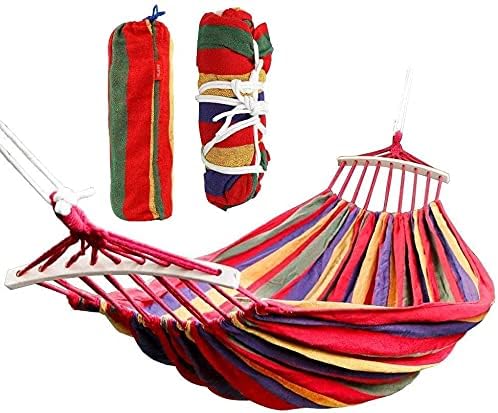Portable 2 Person Hammock Colorful Stripe Hammocks Swing with Spreader Bar Carry Bag for Patio Lawn Garden Camping,Beach,Backyard, Outdoor Indoor (Red)(Cotton)