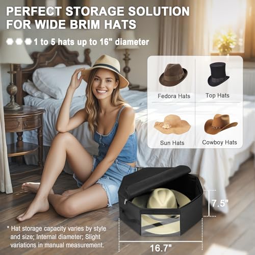 Bamneat Hat Box for Travel and Storage, Upgrade Hat Travel Case for Cowboy, Panama & Fedora Hats, Dust Proof Hat Storage Hat Carrier for Women & Men, Black - Thumbnail 2