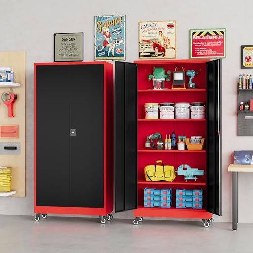Image of SISESOL 75 inch Tall Metal Storage Cabinet with Wheels,Rolling Garage Storage Cabinet with Lock,Red Metal Cabinets on Wheels,Locking Tool Cabinets on Wheel for Garage,Home,Office,Shop