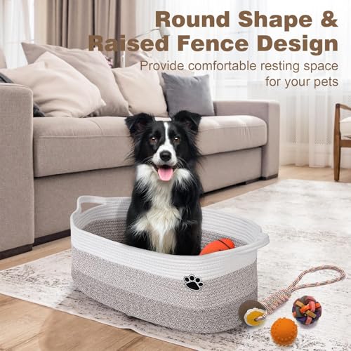 Image of Optish Dog Toy Basket, 30L Toy Box and Bin for Dog Cat Storage, 19.7 inch X 11 inch X 7.9 inch Large Woven Rope Basket for Blanket Storage, Living Room, Bedroom, White & Brown