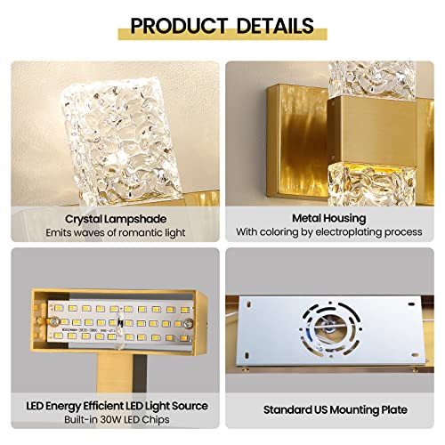 Image of Epinl Gold Bathroom Vanity Light Fixtures Bathroom Light Fixtures Over Mirror 3-Light 4000K LED Crystal Wall Sconces Modern 30W Brushed Hardwired Wall Lights for Bathroom Bedroom Living Room