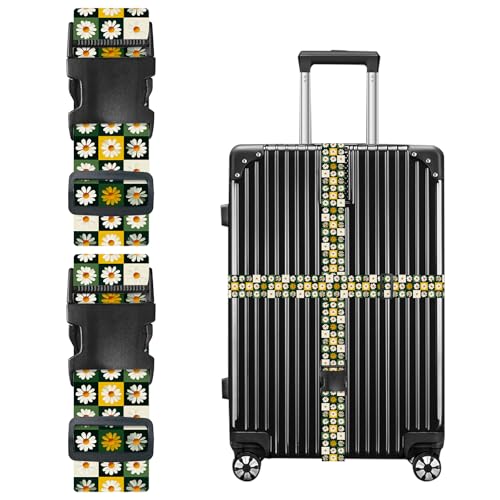 Image of Nuxovilar Luggage Straps Set for Suitcase 1.96x71in Polyester | Cargo Strap Travel Belt Security Buckle Band Airport Hotel Road Trip Travel Accessory (Daisy Checkered)