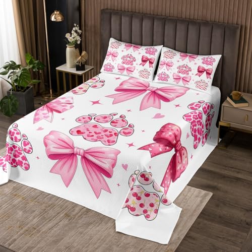 Erosebridal Cute Bowknot Coverlet Set Queen Size,Pink Abstrct Cheetah Bear Bedspread Sets for Girls Loves Wild Animal,Watercolor Cherry Bed Set,Kawaii Dreamy Love Heart Bows Decor